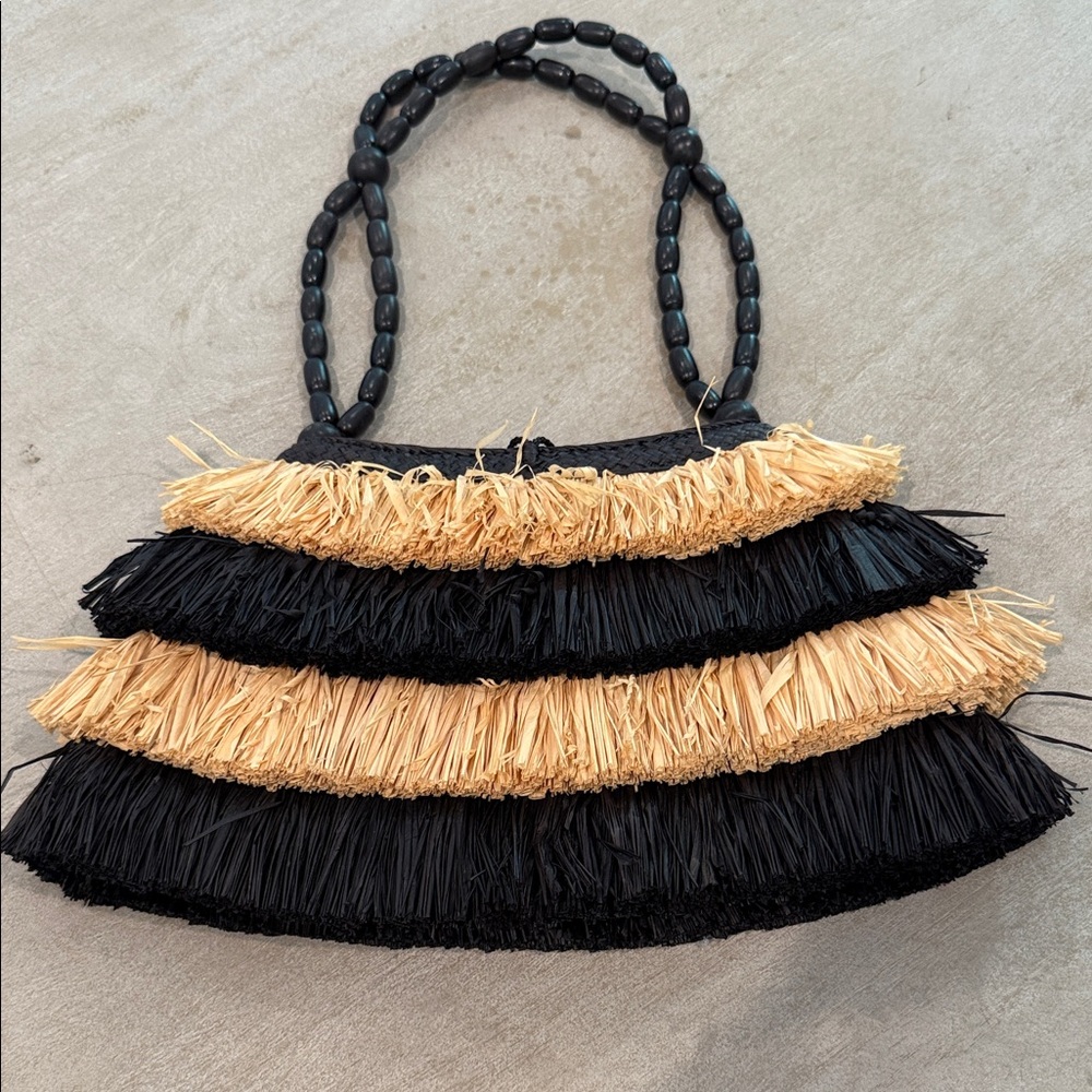 Vintage Majunga Black and Tan Fringe Shoulder Bag